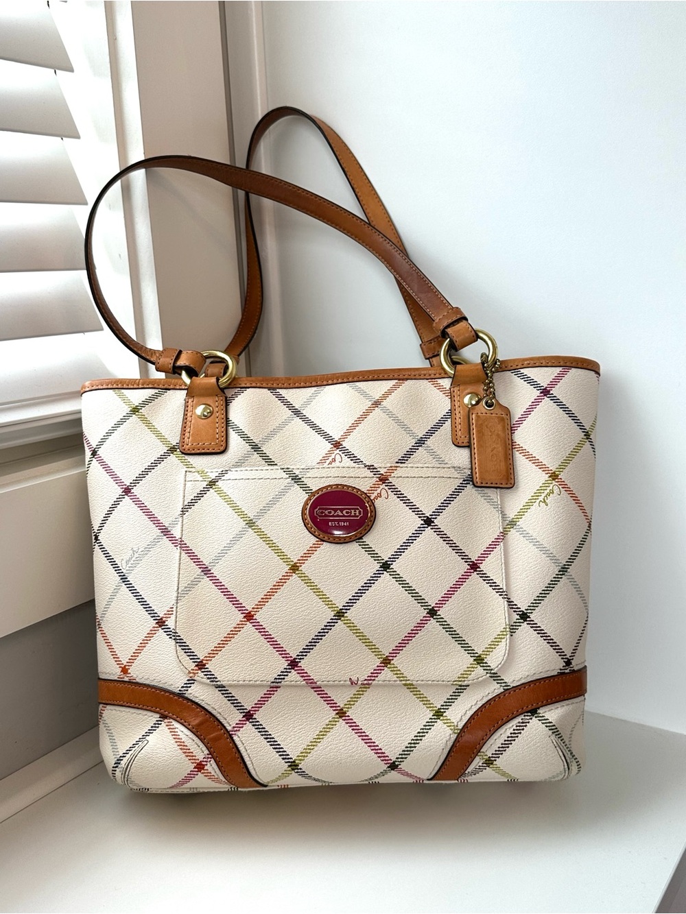 Coach Vintage 2012 Peyton Tattersall Tote Bag Multi-Color Plaid. F21863